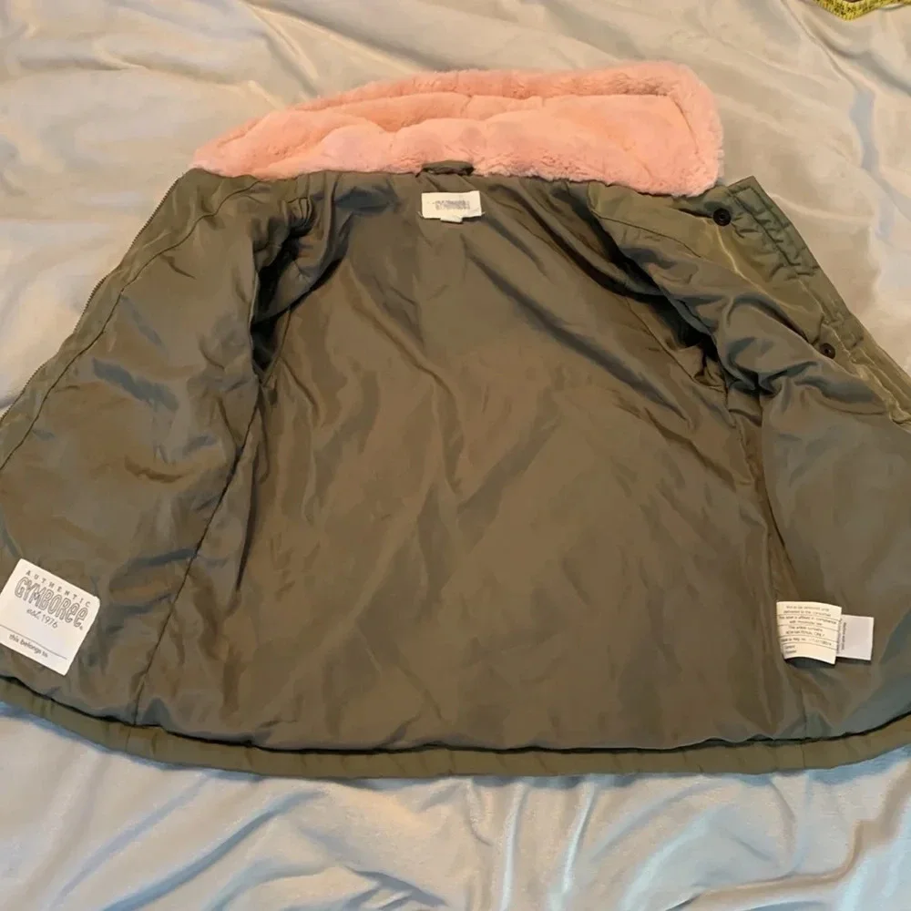 Gymboree size 3t olive military green zip up pink fur hood like new winter parka